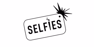 Minimal black and white logo with the word 'SELFIES' inside a tilted tag featuring a starburst design