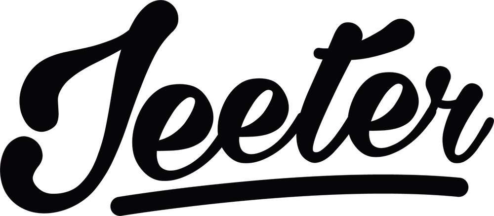 Jeeter logo in bold cursive black lettering with a curved underline design