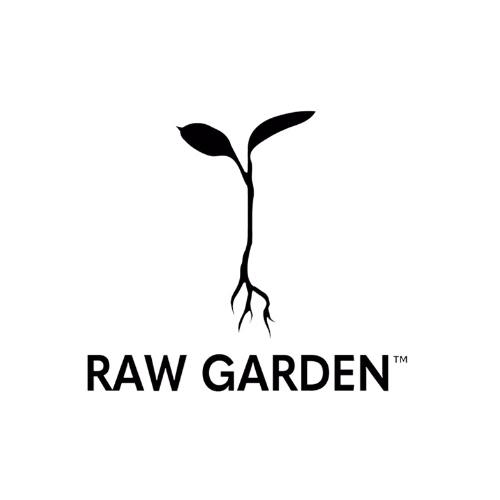 Raw Garden logo featuring a minimalist sprouting plant design above the brand name in bold lettering